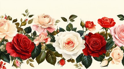 Obraz premium Charming floral border with pink, red, and white roses. The vibrant and detailed flower patterns create an elegant and timeless background