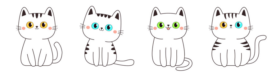 Cute cat set line. White kitten face head with yellow, blue, green eyes. Funny kawaii animal. Cartoon pet baby character. Black contour icon. Childish style. Flat design. White background. Vector