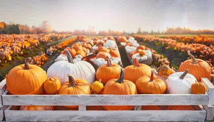 Pumpkins farm. Autumn harvest at local market for Halloween. Beautiful fall season. 