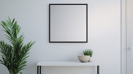 A minimalist entryway showcasing a square mirror with a black frame above a simple white console table. A small ceramic bowl sits on the table for a touch of elegance