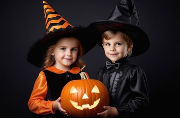 Fototapeta premium boy and girl holding a pumpkin for Halloween on a black background