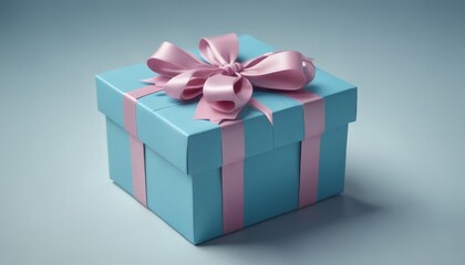 Obraz premium A blue gift box with pink ribbons and a bow sits on a light blue background
