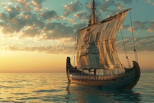 Ancient greek merchant ship is sailing on a calm sea at sunset with a cloudy sky in the background