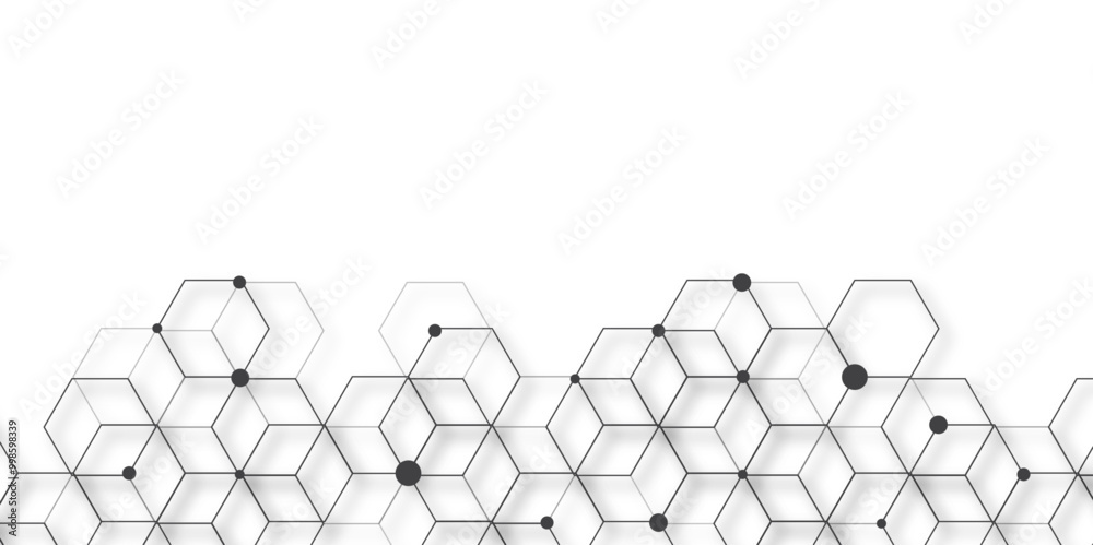 Poster Molecular structure abstract tech background. Geometric white background. Vector banner design with hexagons. Science network pattern, connecting lines and dots Medical background, Vector illustration