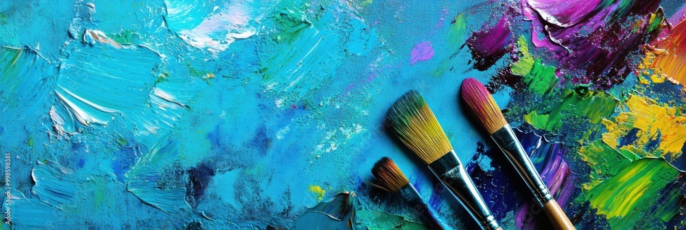 Leinwandbilder Bright splashes of color decorate a painter's palette, while brushes rest on a canvas filled with abstract brushstrokes. Generative AI