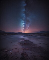 The Milky Way Galaxy's swirling arms stretch across the night sky, creating a mesmerizing display of light and color The scene is set against a serene landscape vast,