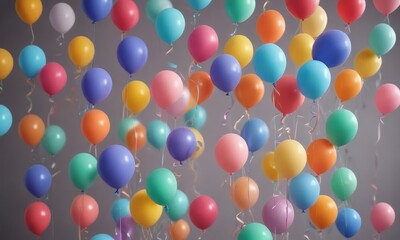 A multitude of colorful balloons, including red, blue, yellow, and green, are suspended in the air against a gray background