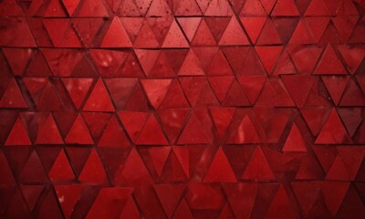 A close-up view red mosaic pattern composed of numerous triangular tiles arranged in a grid-like fashion