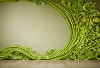 a large, ornate green sculpture with a curved, wave-like design on a light-colored wall