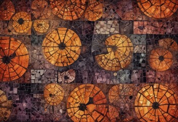 a mosaic composed of irregularly shaped tiles in shades of orange, brown, and black, arranged in a grid-like pattern