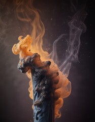 a striking contrast between the vibrant orange and yellow flames burning candle and the dark, smoky smoke that billows upwards, creating a dramatic and captivating