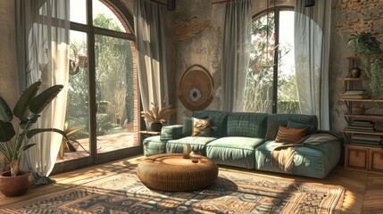 Obraz premium A cozy living room with a large window overlooking a garden, featuring a plush couch, coffee table, and rug.