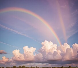 A double rainbow arches across the sky, its vibrant colors contrasting with the soft hues of the clouds and the serene blue of the sky