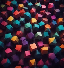 A vibrant array of multicolored paper cubes, each with unique geometric shapes, creates a visually striking and abstract composition