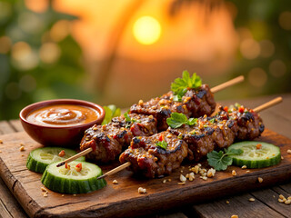 Authentic Satay Meat Skewers with Spicy Peanut Sauce Grilled Perfection