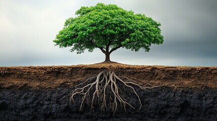 the Cross-section view showing a large tree with its extensive root system exposed above the soil layer, highlighting its natural complexity.