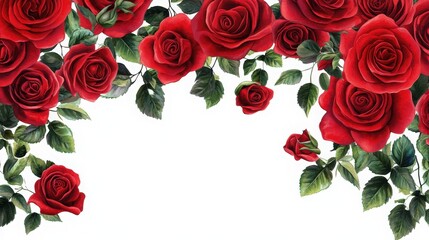 Charming red rose border with detailed petals and green leaves.