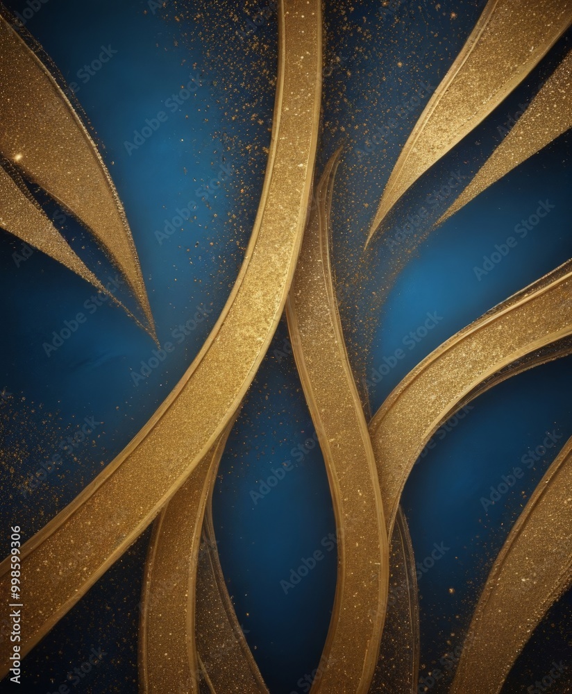 Poster a striking abstract composition of curved lines and golden glittering elements against a deep blue background
