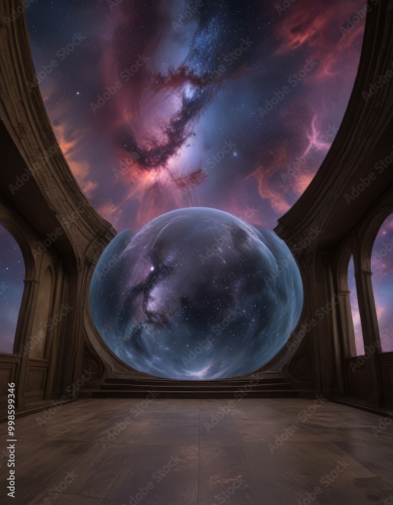 Poster a surreal indoor space with a large, glowing sphere in the center, surrounded by a circular window and framed by arched windows The sky outside is filled with vibrant colors