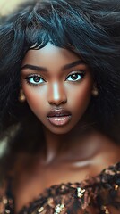 Fototapeta premium Young African woman with striking features and dark skin against deep blue background.