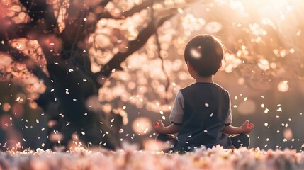 Naklejka premium Child Meditating Under Blooming Cherry Tree with Falling Petals