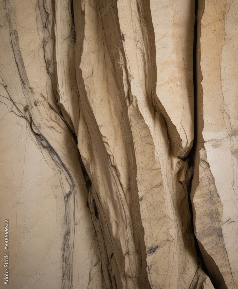 Poster a close-up view textured, beige-colored rock formation with a pattern of cracks and crevices