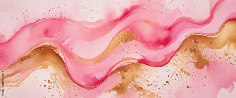 Aufkleber a vibrant abstract painting with pink and gold hues, creating a dynamic and visually striking composition