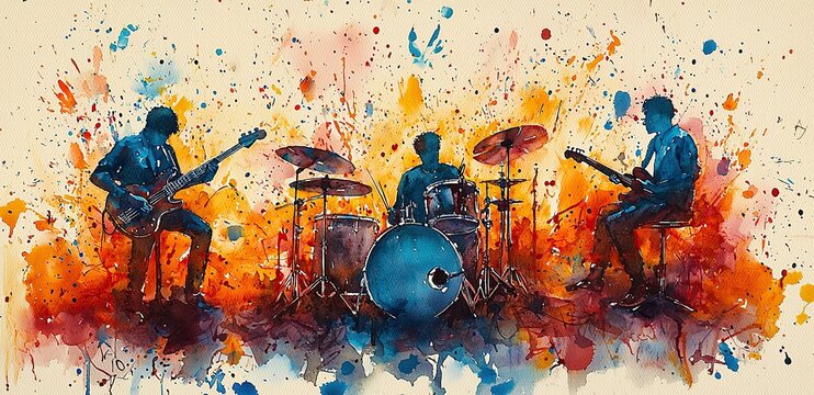 Abstract watercolor painting of a rock band performing on stage.