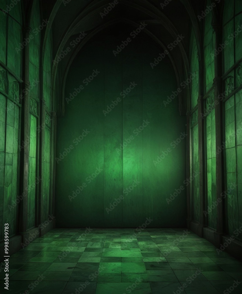 Aufkleber a dimly lit, empty hallway with a greenish-green floor and arched windows on either side, creating a