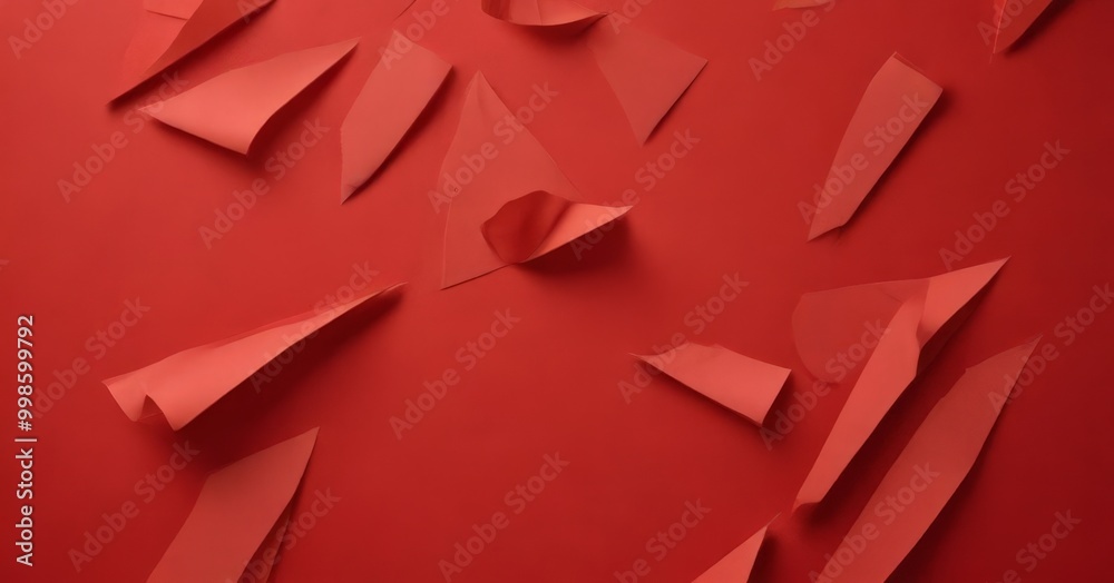 Poster Abstract composition of overlapping red paper shapes on a red background