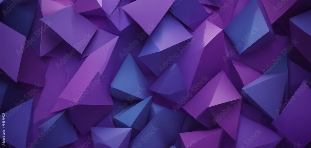Poster a geometric pattern composed of numerous triangular shapes in various shades of purple, creating a visually striking and abstract composition