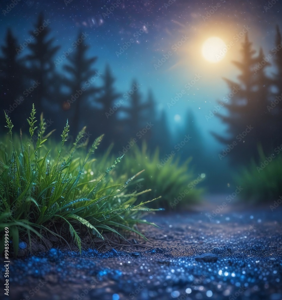 Poster a serene forest path glistens under a starry night sky, with a full moon casting a soft glow and a d
