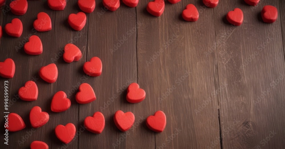 Leinwandbilder A collection of red heart-shaped objects arranged on a wooden surface, with some overlapping and others spaced apart, creating a visually appealing pattern