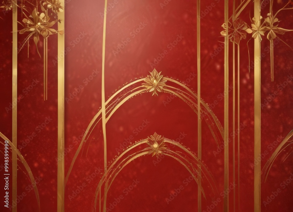 Poster a close-up view red wall with gold decorative elements, including a large flower-like design and a s
