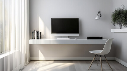 A minimalist home office featuring a floating desk with a single monitor, wireless keyboard, and mouse. The space is uncluttered, with clean lines and light streaming in through sheer curtains