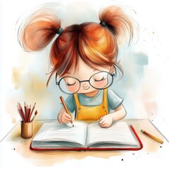 A young girl happily writing in her notebook at a cozy desk filled with art supplies