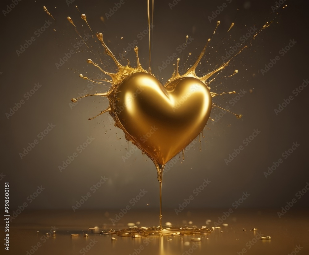 Fototapete A golden heart-shaped object is being poured or splashed, creating a dynamic and visually striking scene against a dark background
