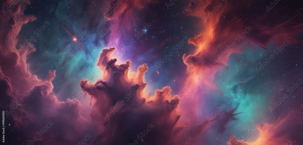 Aufkleber a vibrant cosmic scene with swirling clouds of color and light, resembling a nebula The nebula is filled with stars and other celestial objects, creating a sense of depth