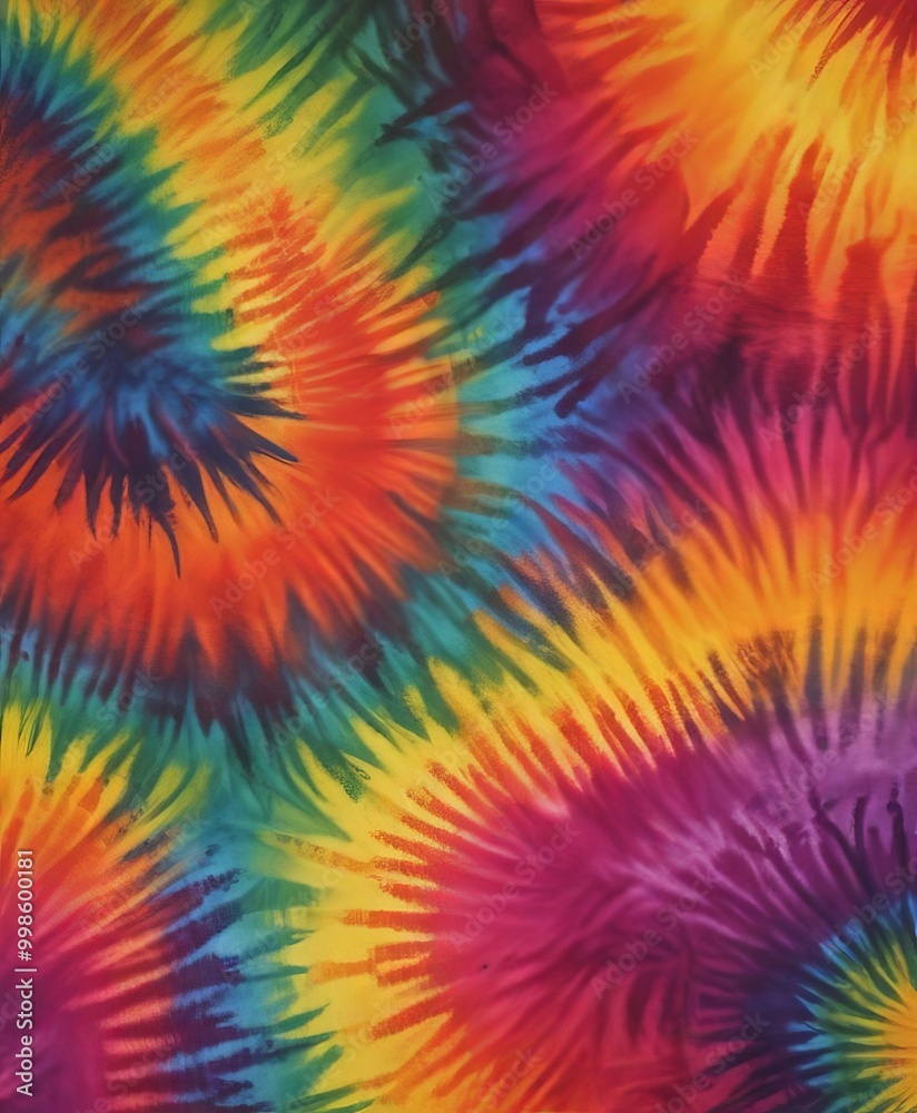 Poster a close-up view tie-dye fabric with a vibrant, colorful pattern the fabric has a repeating pattern o
