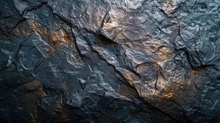 Close-up of a dark, textured rock surface with deep cracks and uneven, rugged surface.
