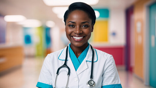 Giovane dottore donna di origini afro americane sorride in ospedale