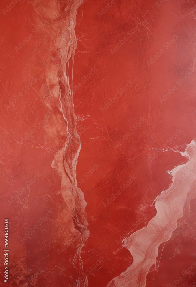 Poster Abstract painting with red and white hues, featuring a vertical line and a horizontal line, creating a sense of movement and depth