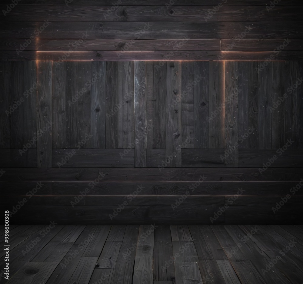 Poster a dark wooden wall with a horizontal line running across it, creating a sense of depth and perspective