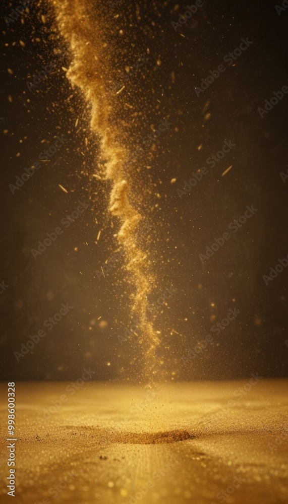 Poster A golden spiral of dust or sand particles is captured in motion, creating a dynamic and visually striking effect against a dark background