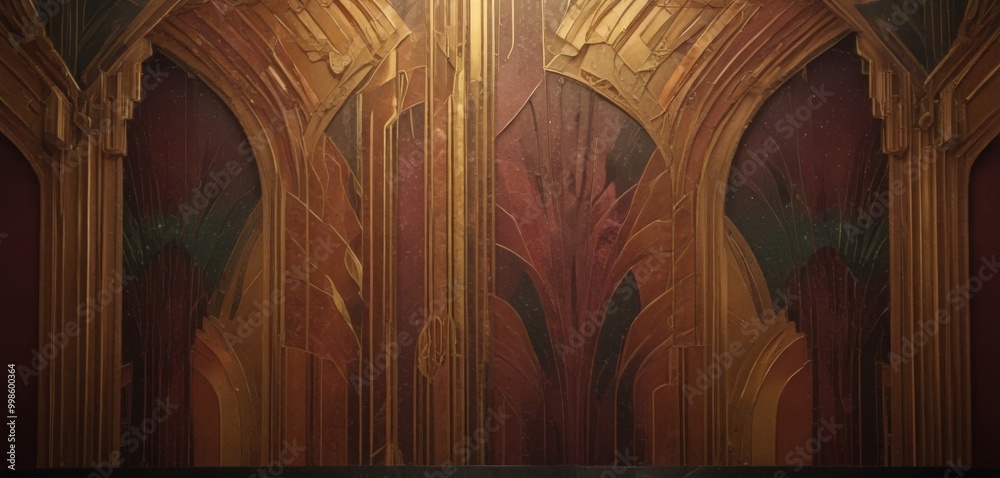 Poster a detailed and ornate wall panel with intricate gold and red patterns, creating a visually striking 