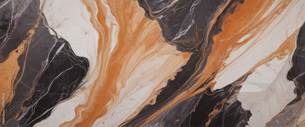 Poster a close-up view marble surface with a striking abstract pattern of swirling lines and colors, predom