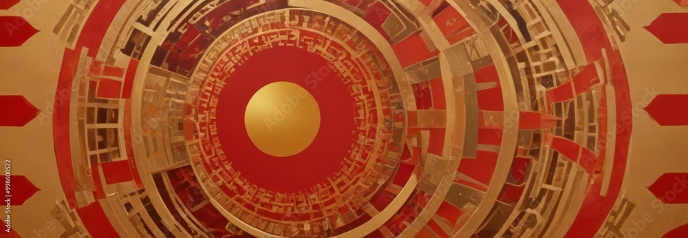 Aufkleber a close-up view circular pattern with a large central circle and smaller concentric circles surrounding it The pattern is predominantly red and gold, with a metallic