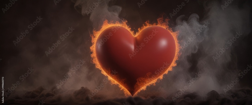 Poster a red heart-shaped object is engulfed in flames, with smoke billowing around it, set against a dark 