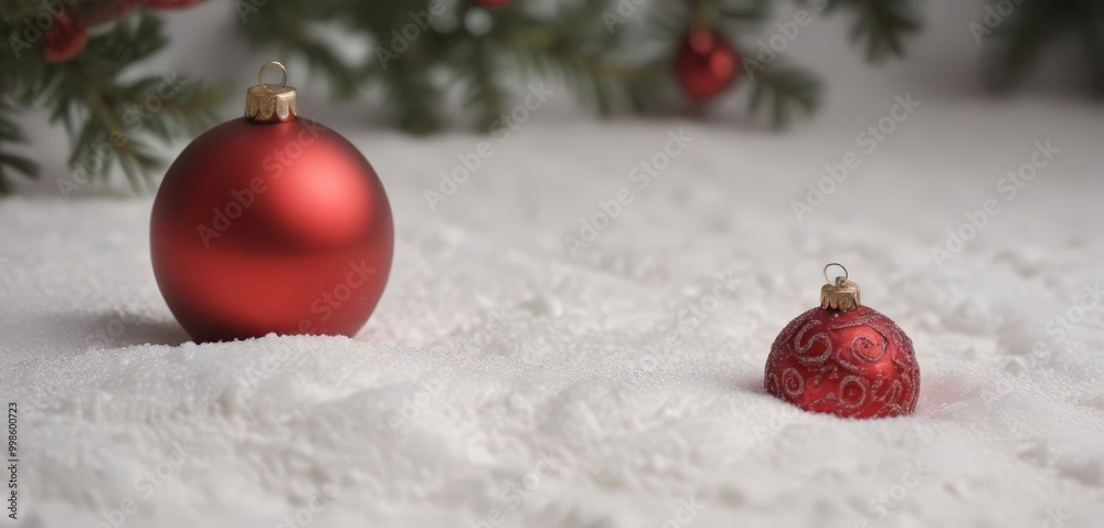Poster two red christmas ornaments, one larger and one smaller, sit on a snowy surface with a blurred backg