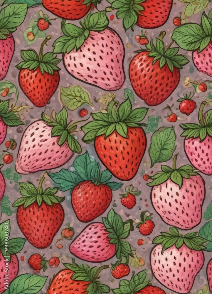 Poster a repeating pattern of pink and red strawberries with green leaves against a gray background